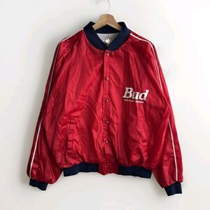 Vintage Satin Budweiser Bud King of Beers Snap Button Jacket Size Large USA MADE